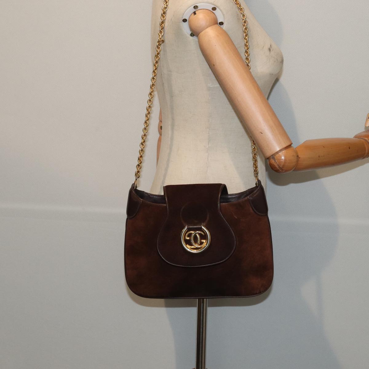 GUCCI Chain Shoulder Bag Suede Brown yk13962
