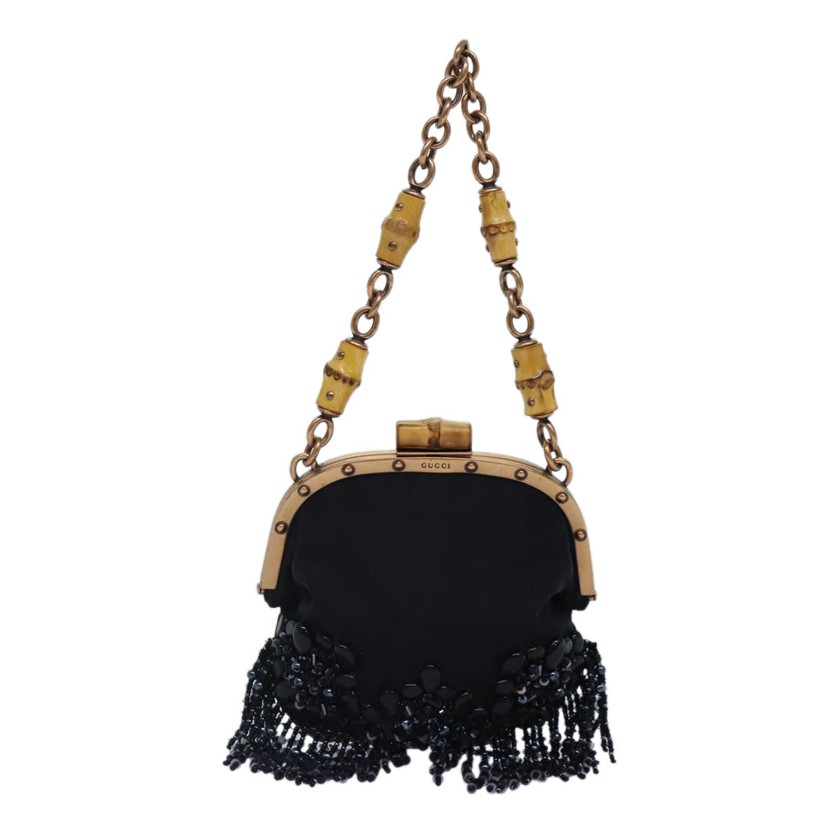 GUCCI Bamboo Beads Chain Purse Pouch Canvas Black 125587 yk14373