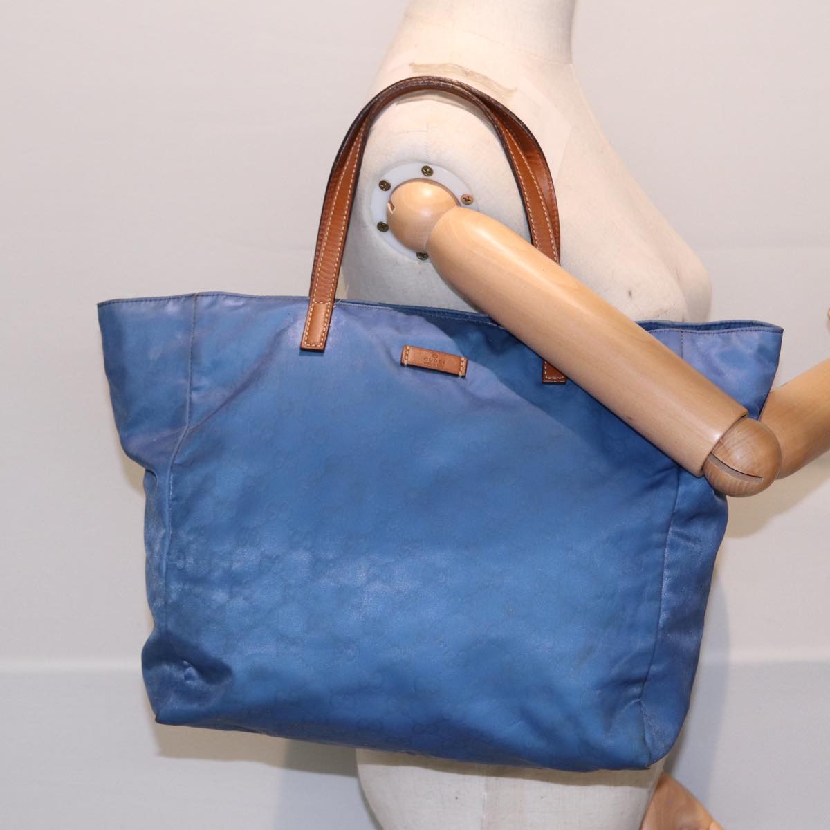 GUCCI GG Canvas Tote Bag Nylon Blue Brown Silver 282439 yk14432