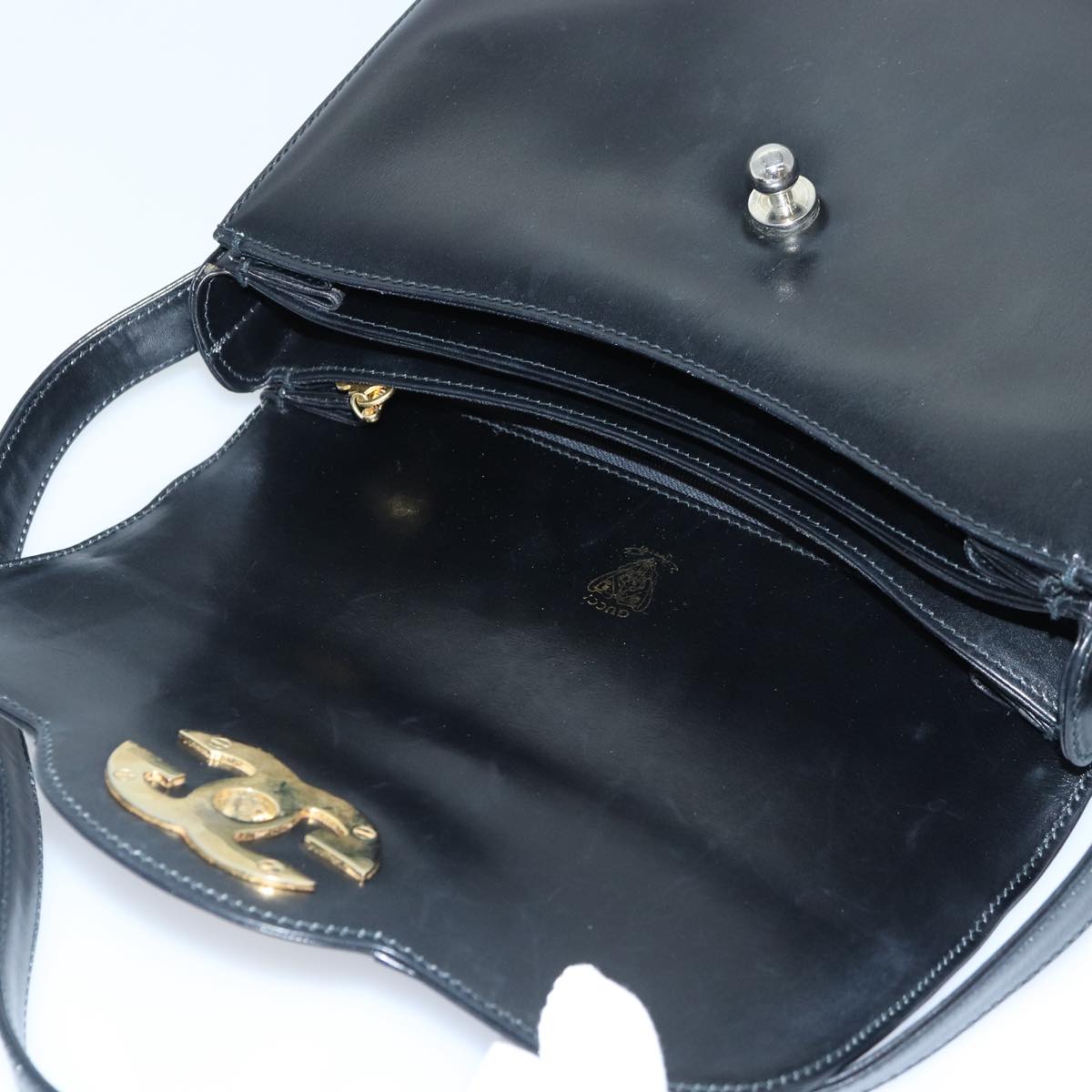 GUCCI Hand Bag Leather Black Gold yk14666