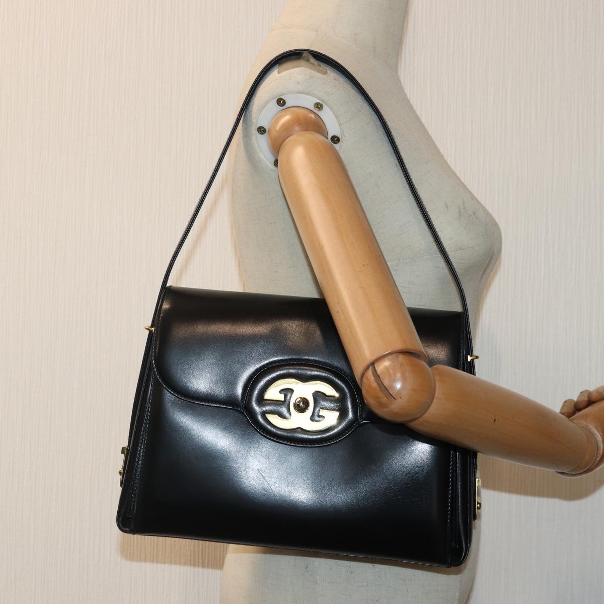 GUCCI Hand Bag Leather Black Gold yk14666