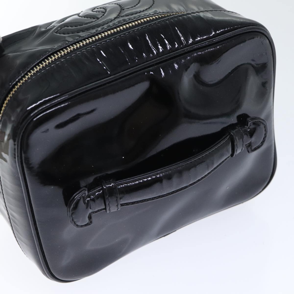 CHANEL COCO Mark Vanity Pouch Patent leather Black Gold CC yk14841