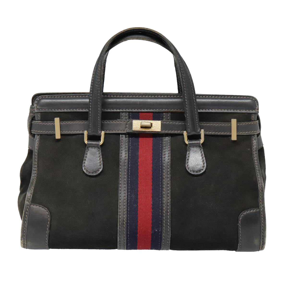 GUCCI Sherry Line Hand Bag Suede Leather Navy Red gold yk14885
