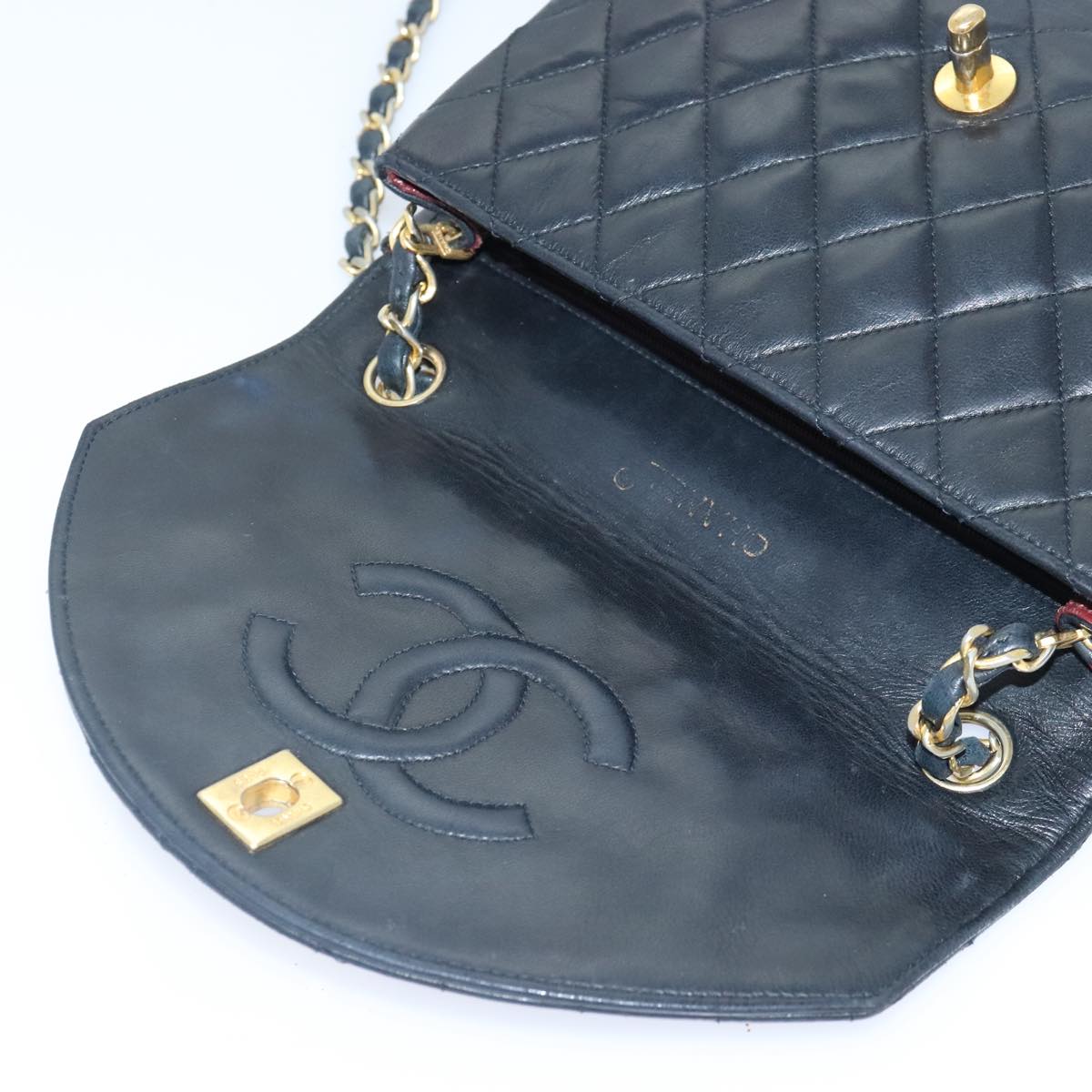 CHANEL Matelasse Turn Lock Chain Bag Lamb Skin Black Gold CC yk14979