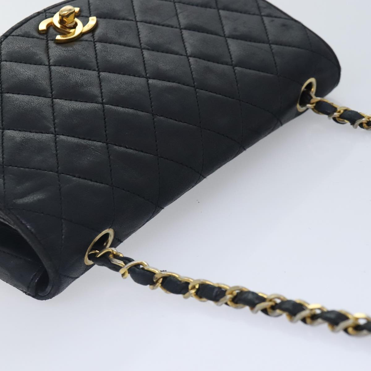 CHANEL Matelasse Turn Lock Chain Bag Lamb Skin Black Gold CC yk14979