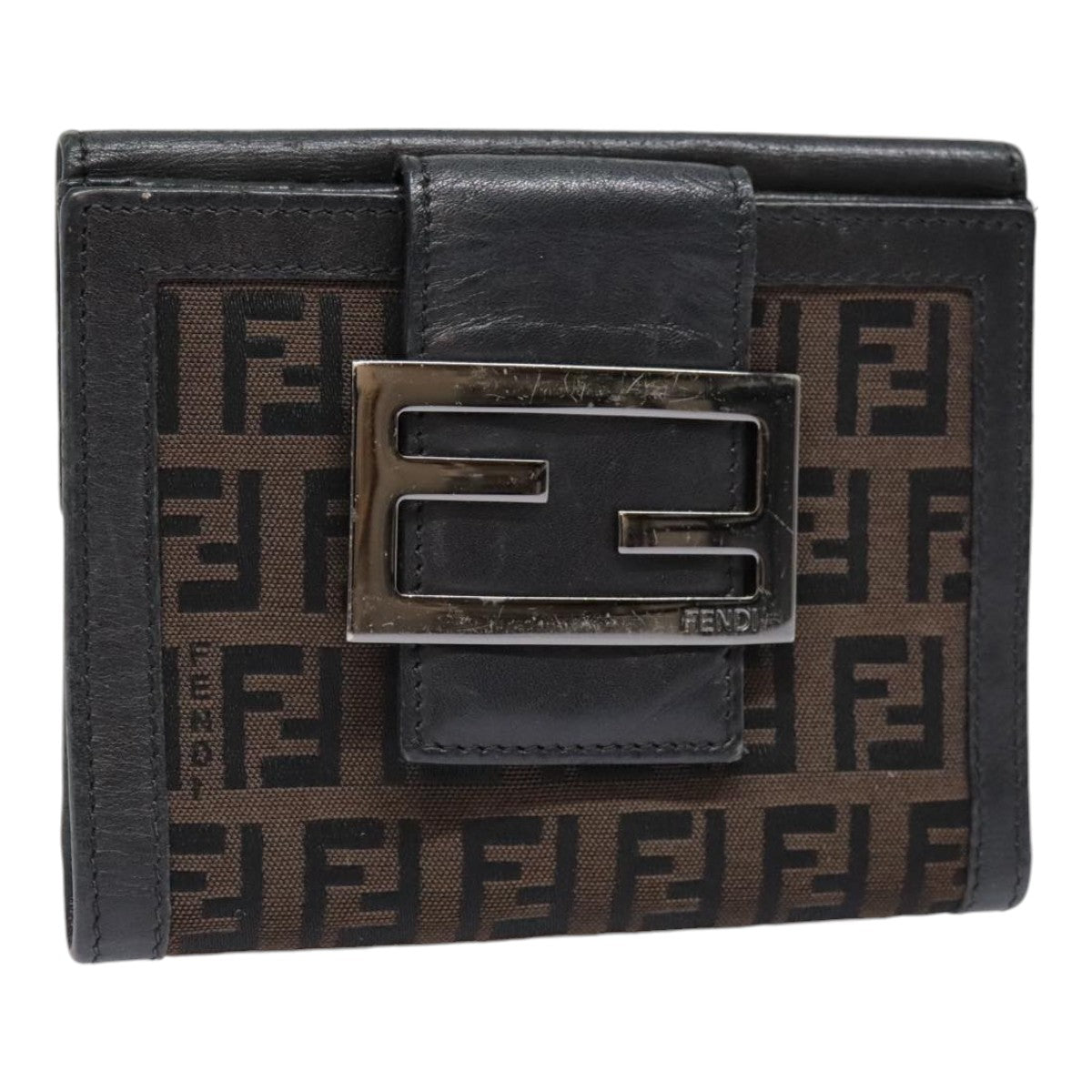 FENDI Zucchino Canvas Compact Wallet Black Brown Silver yk15088