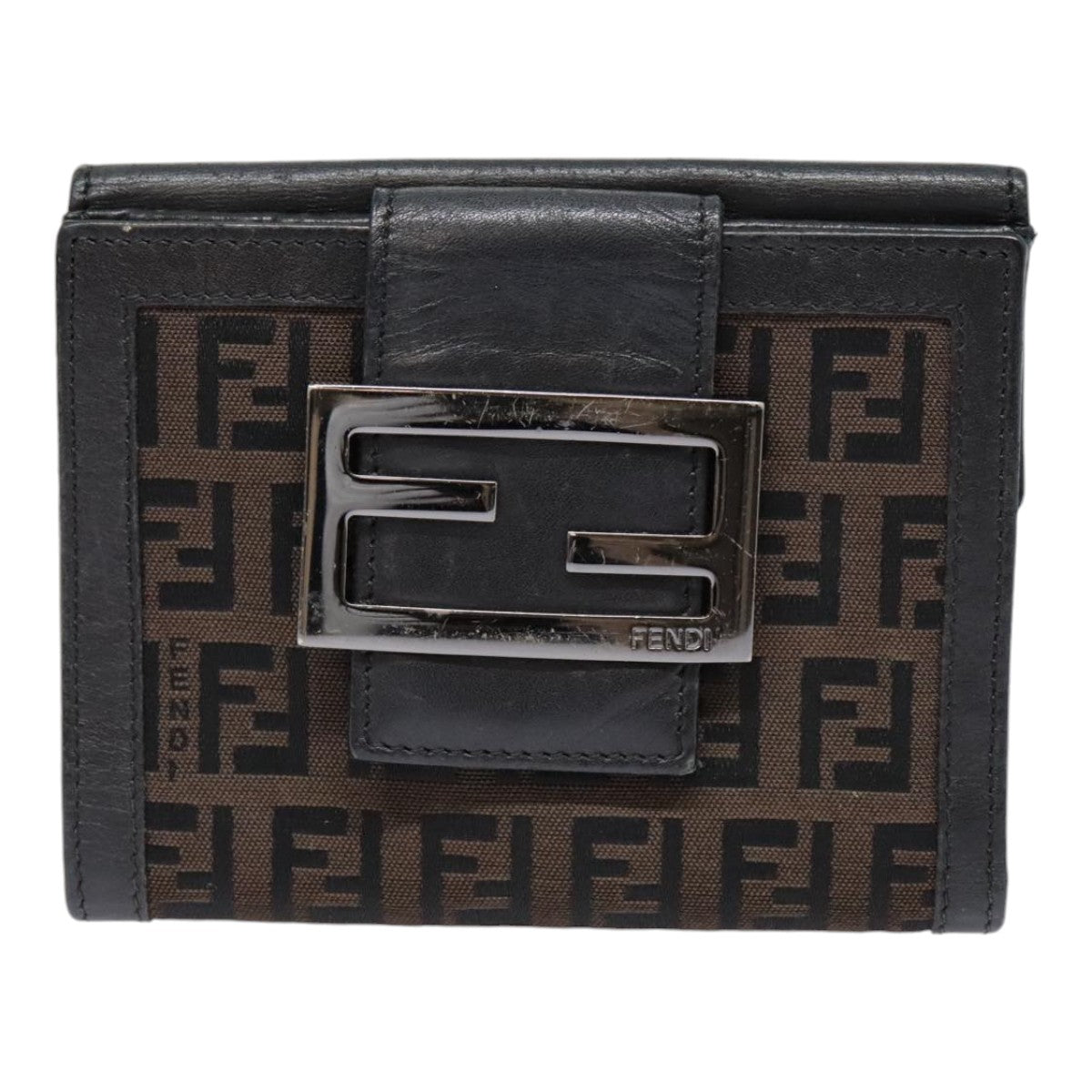 FENDI Zucchino Canvas Compact Wallet Black Brown Silver yk15088
