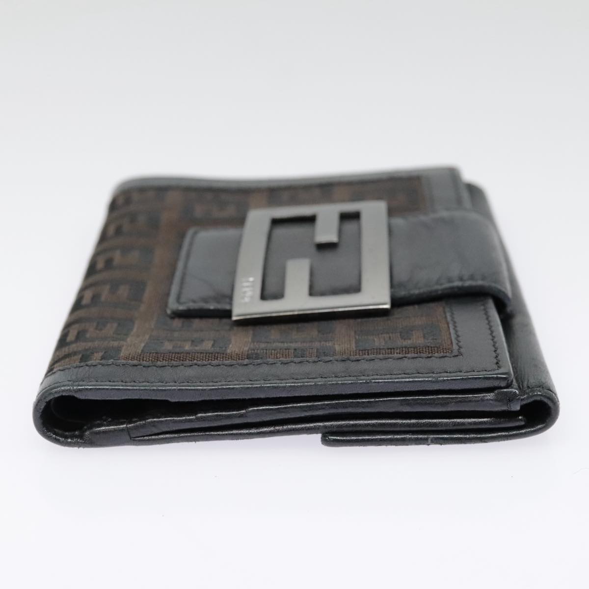 FENDI Zucchino Canvas Compact Wallet Black Brown Silver yk15088