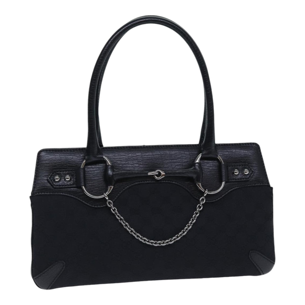 GUCCI GG Canvas Horsebit Shoulder Bag Black Silver 114913 yk15158
