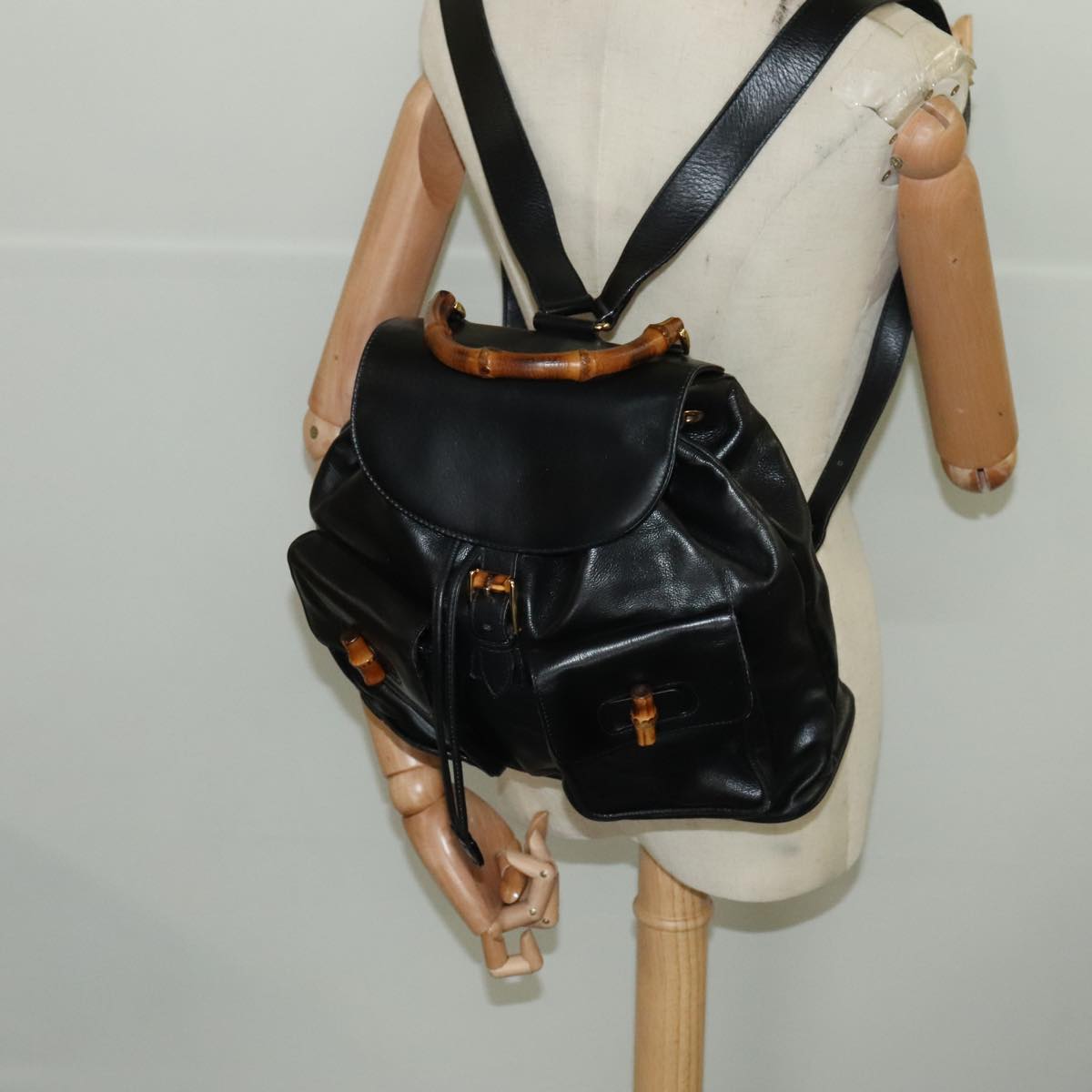 GUCCI Bamboo Backpack Leather Black Gold 003 2058 0016 yk15777