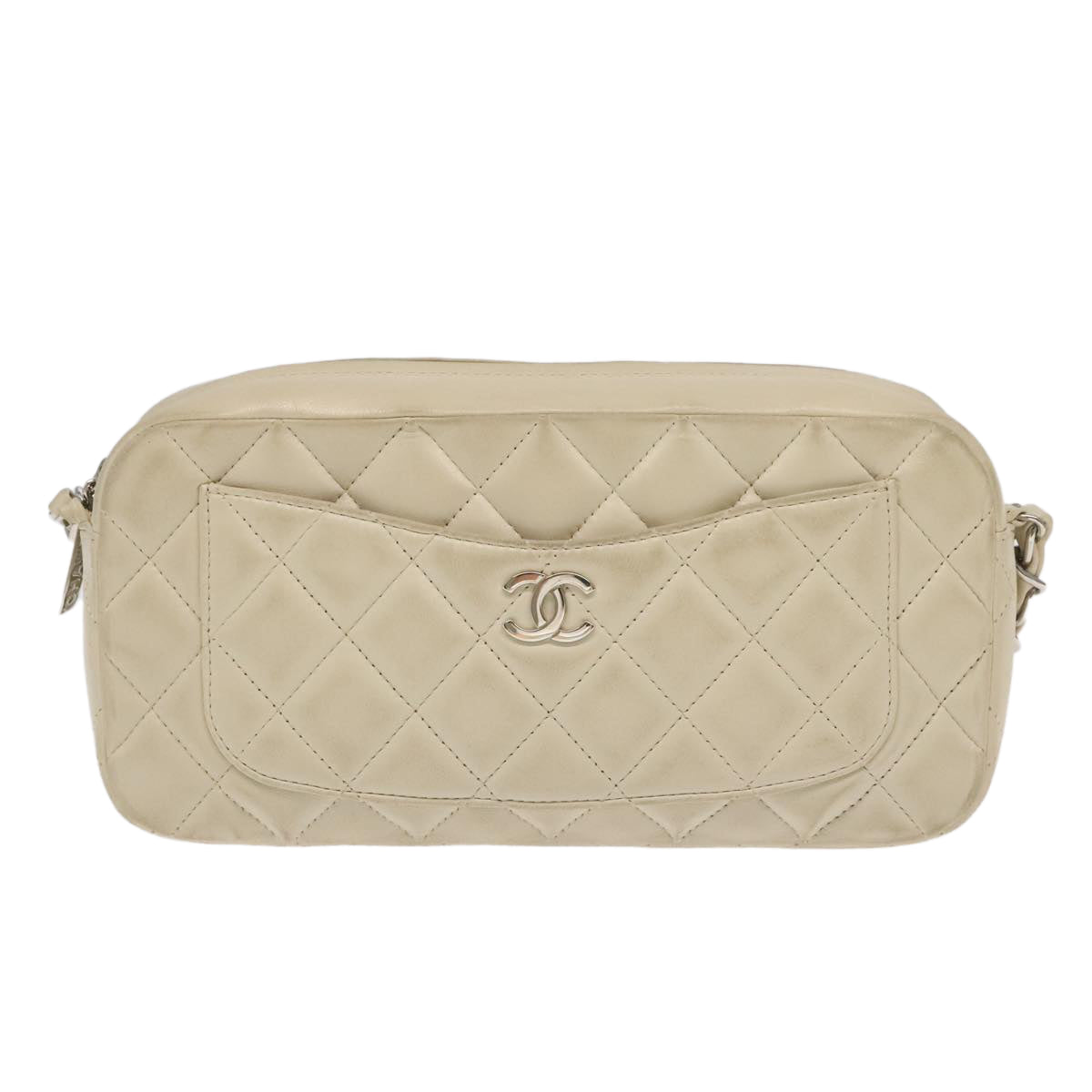 CHANEL Matelasse Chain Hand Bag Lamb Skin White Silver CC yk15902
