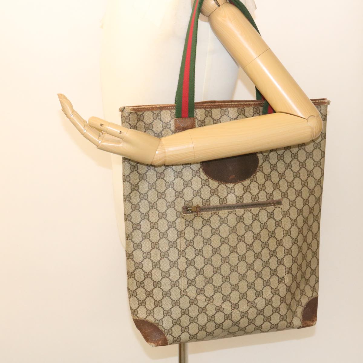 GUCCI Web Sherry Line GG Canvas Tote Bag Beige Red Green yk4045
