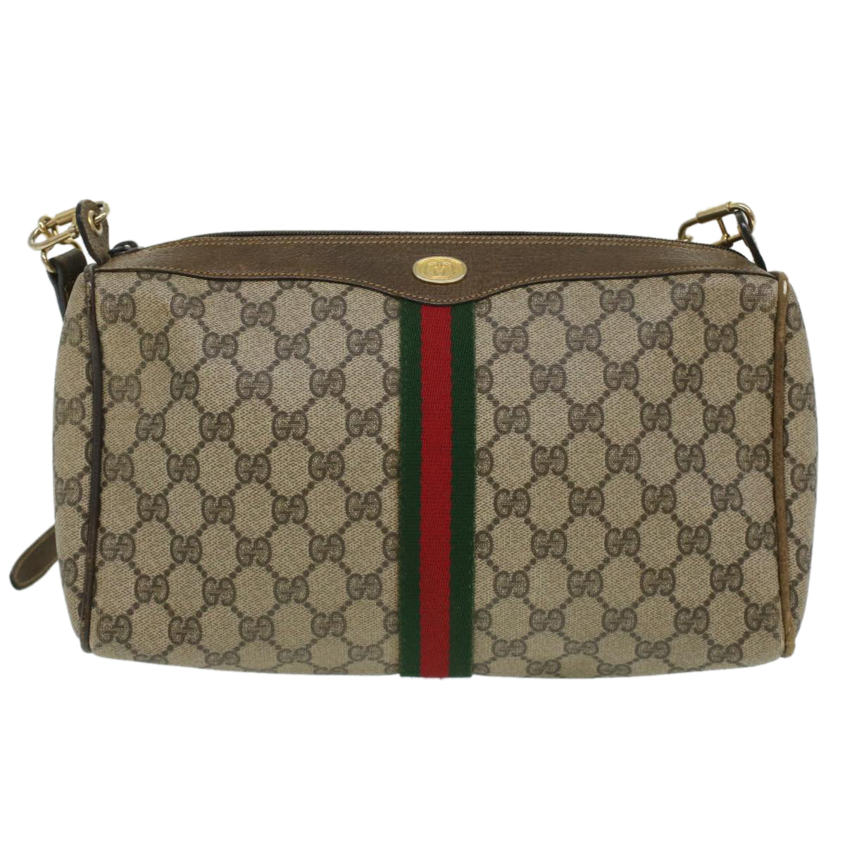 GUCCI Web Sherry Line GG Canvas Shoulder Bag PVC Leather Beige Red yk5803B
