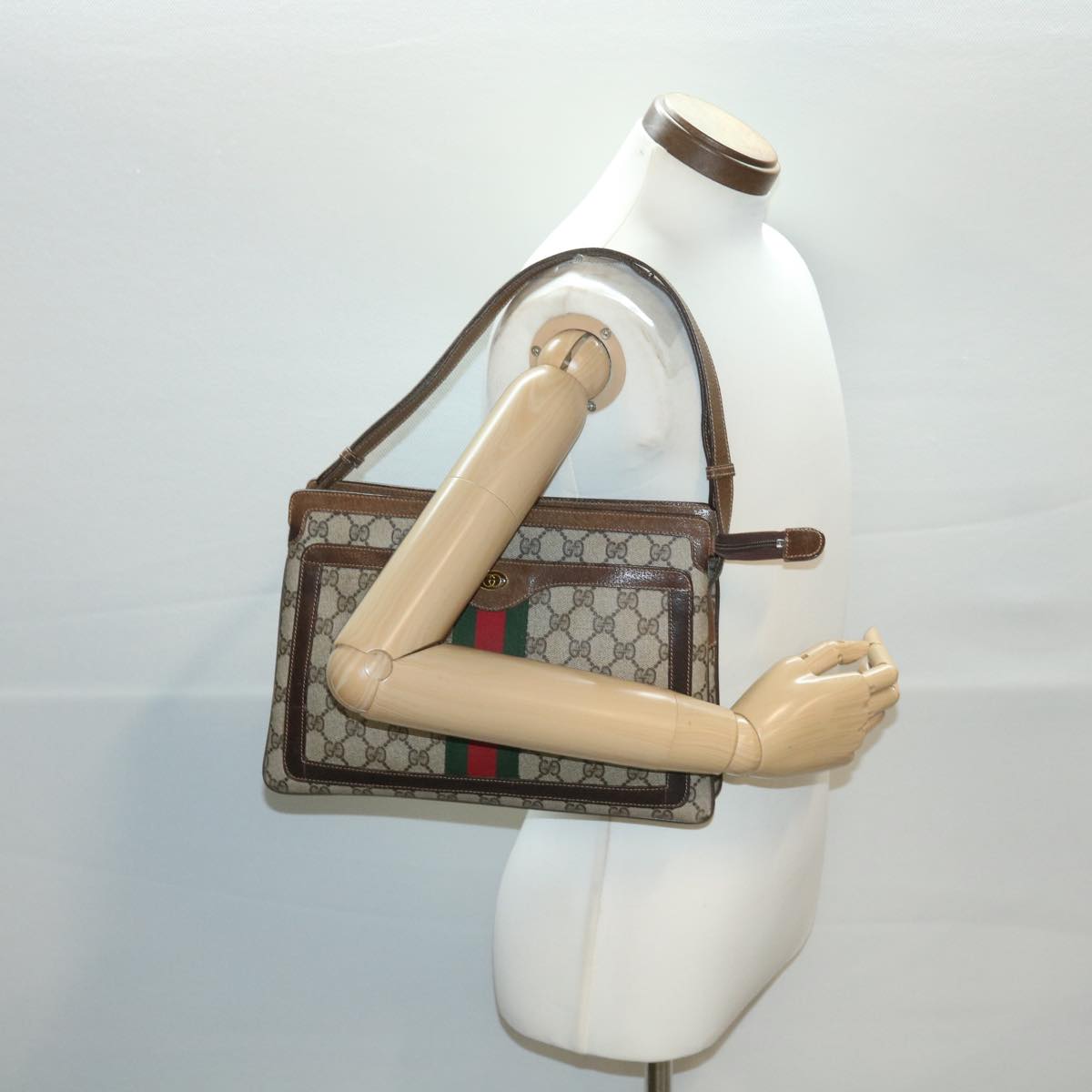 GUCCI GG Canvas Web Sherry Line Shoulder Bag PVC Leather Beige Red yk5883B