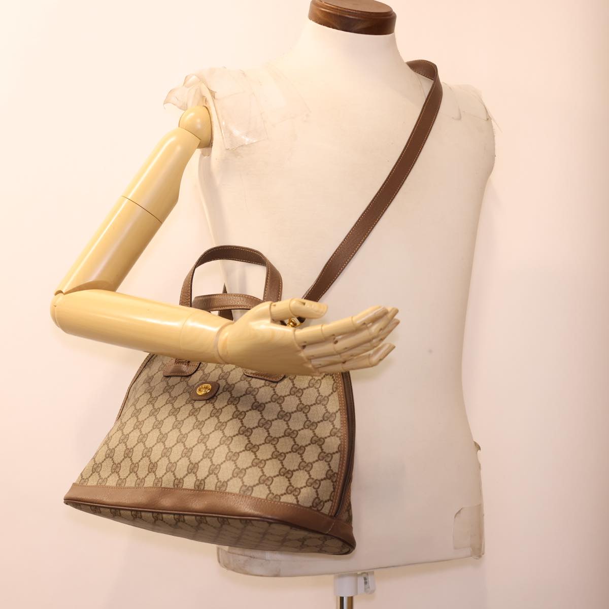 GUCCI GG Canvas Hand Bag PVC Leather 2way Beige Brown yk6526