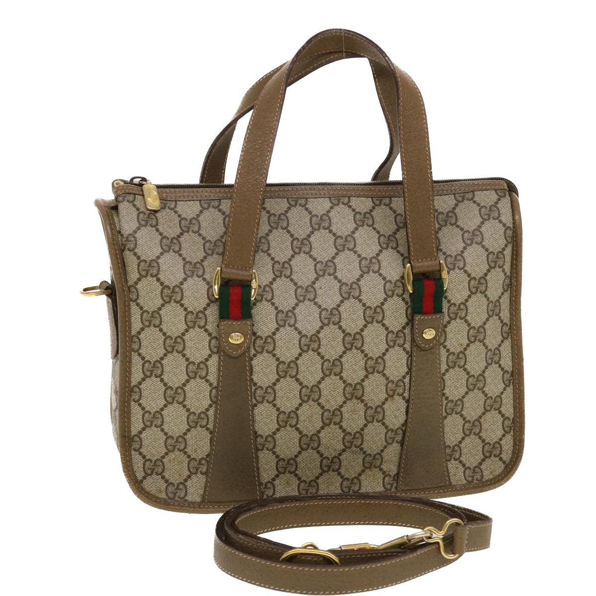 GUCCI GG Canvas Web Sherry Line Hand Bag 2way Beige Red 41.02.039 yk7111