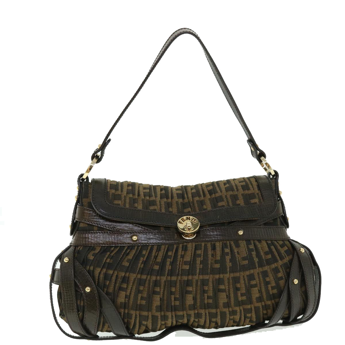 FENDI Zucca Canvas Turn Lock Shoulder Bag Black Brown yk8162