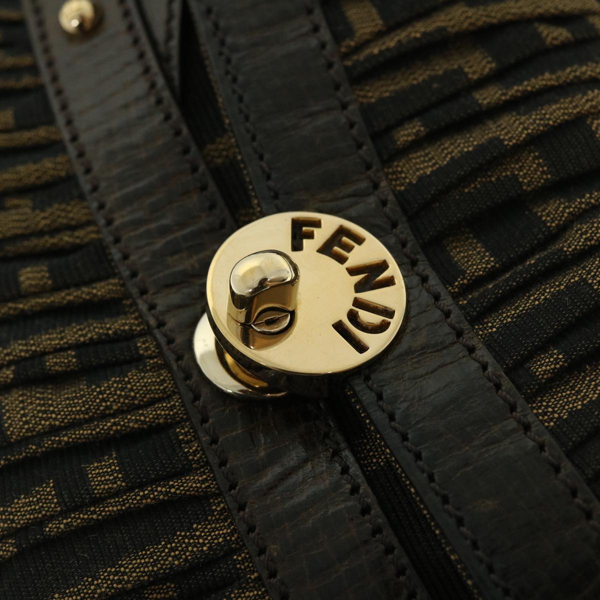 FENDI Zucca Canvas Turn Lock Shoulder Bag Black Brown yk8162