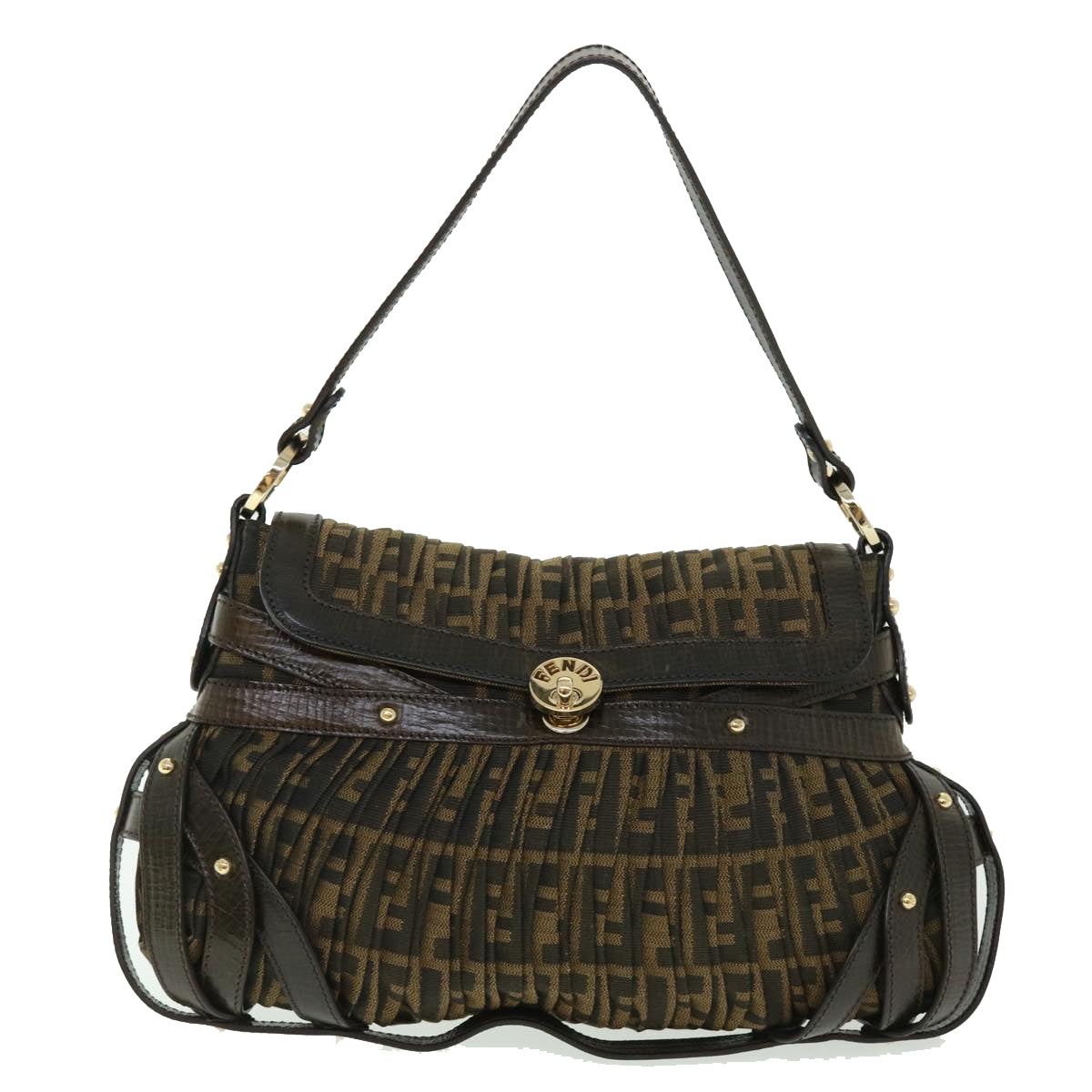 FENDI Zucca Canvas Turn Lock Shoulder Bag Black Brown yk8162