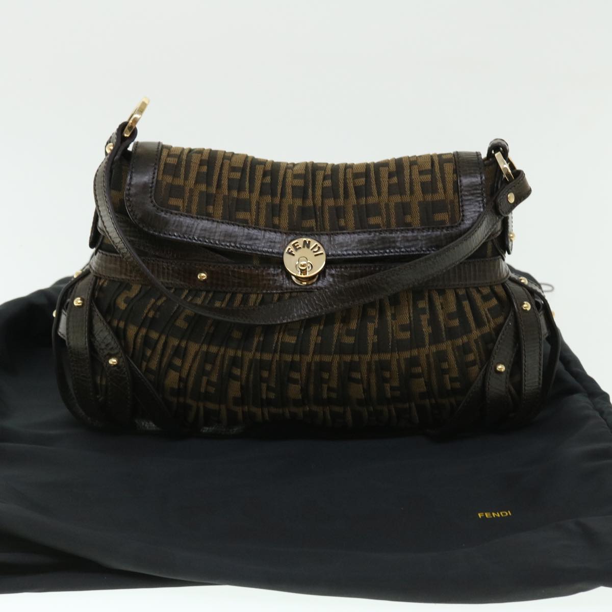 FENDI Zucca Canvas Turn Lock Shoulder Bag Black Brown yk8162