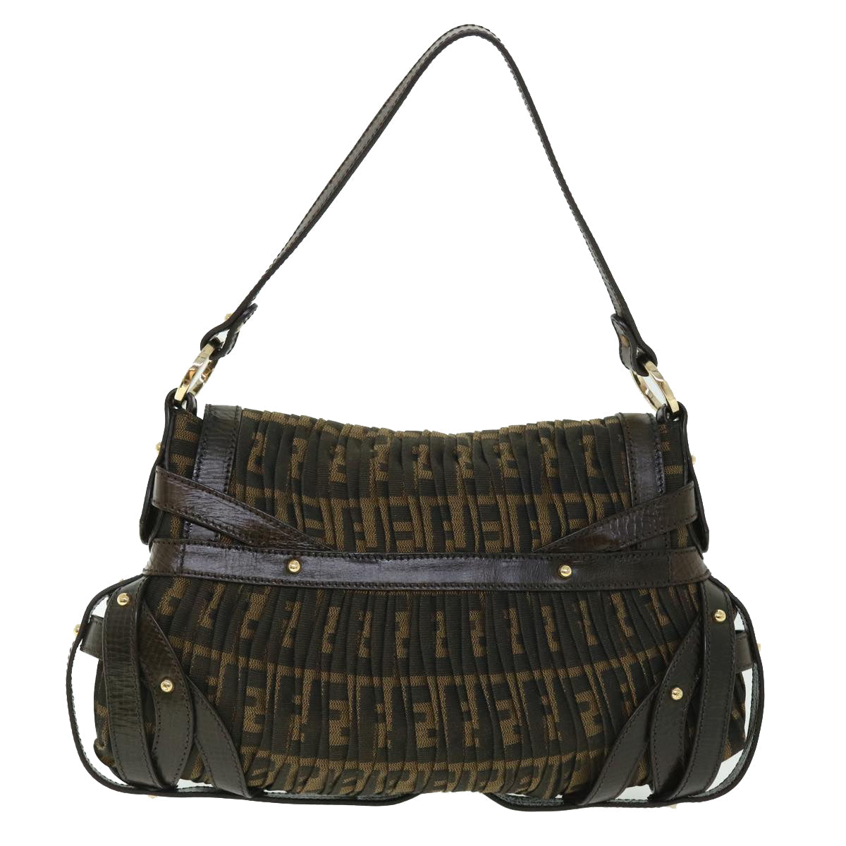 FENDI Zucca Canvas Turn Lock Shoulder Bag Black Brown yk8162