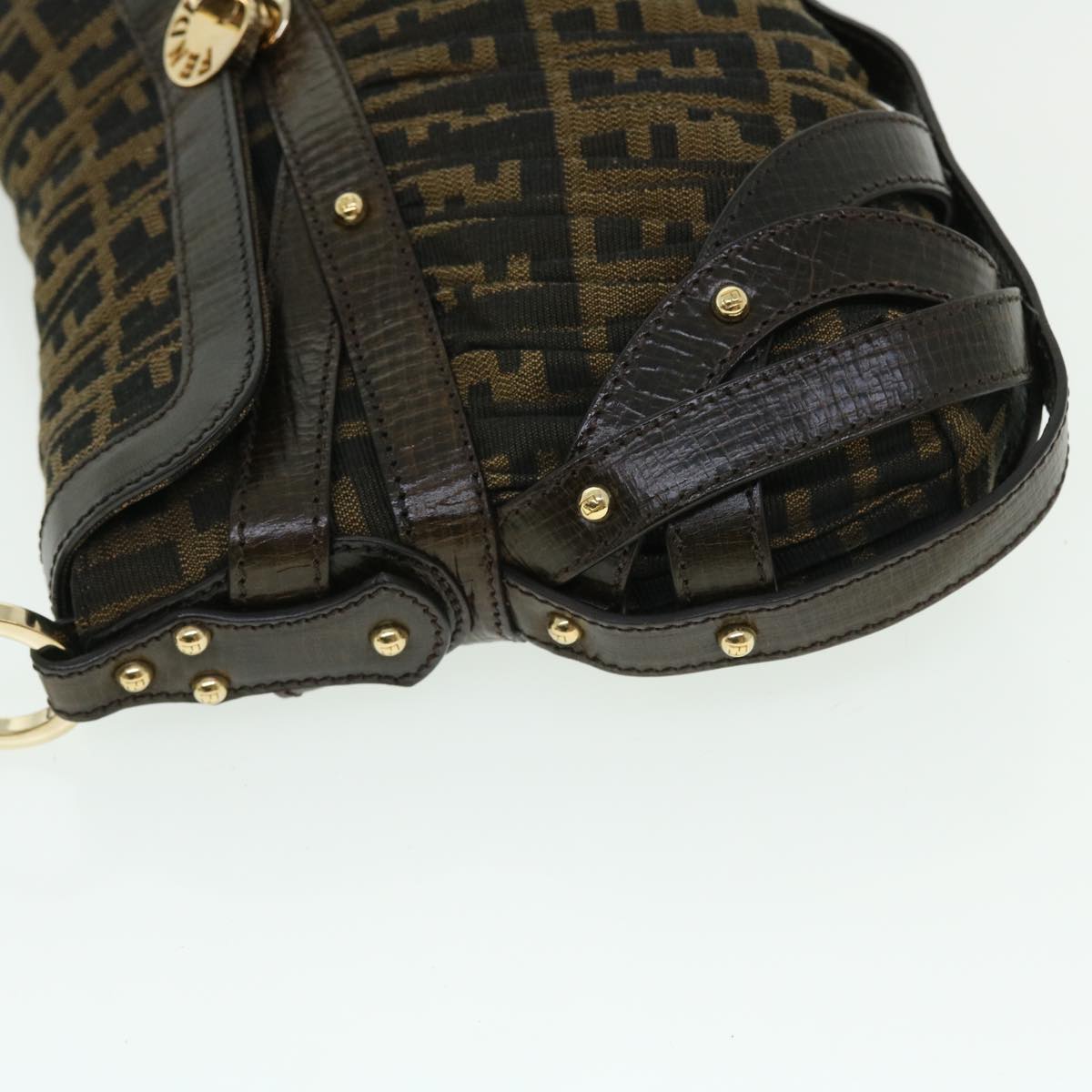 FENDI Zucca Canvas Turn Lock Shoulder Bag Black Brown yk8162