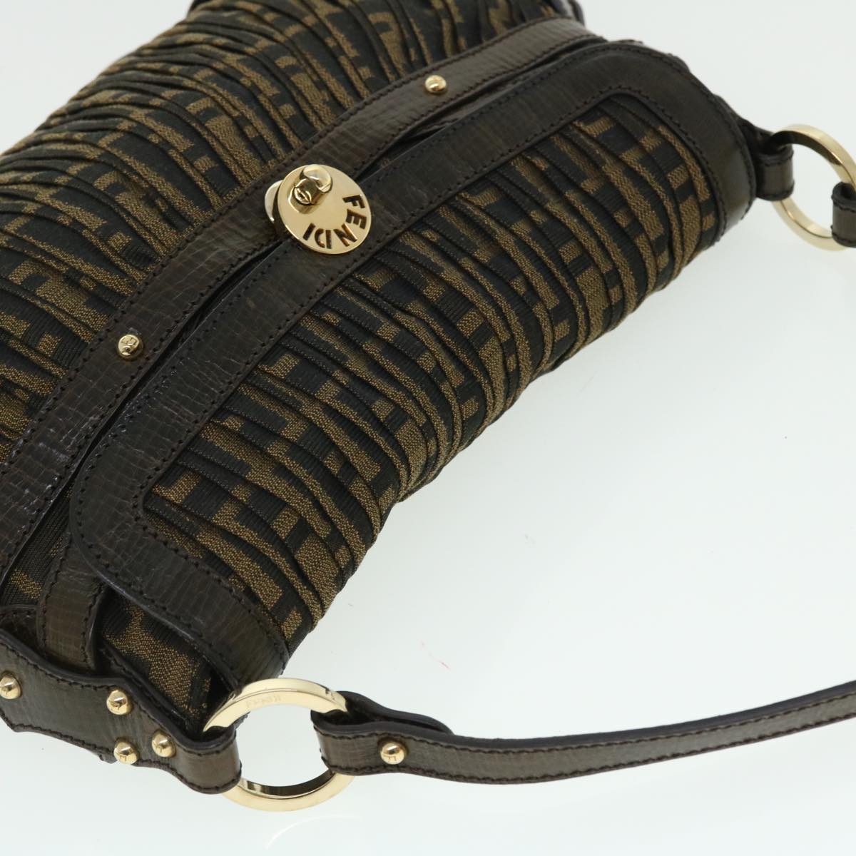 FENDI Zucca Canvas Turn Lock Shoulder Bag Black Brown yk8162