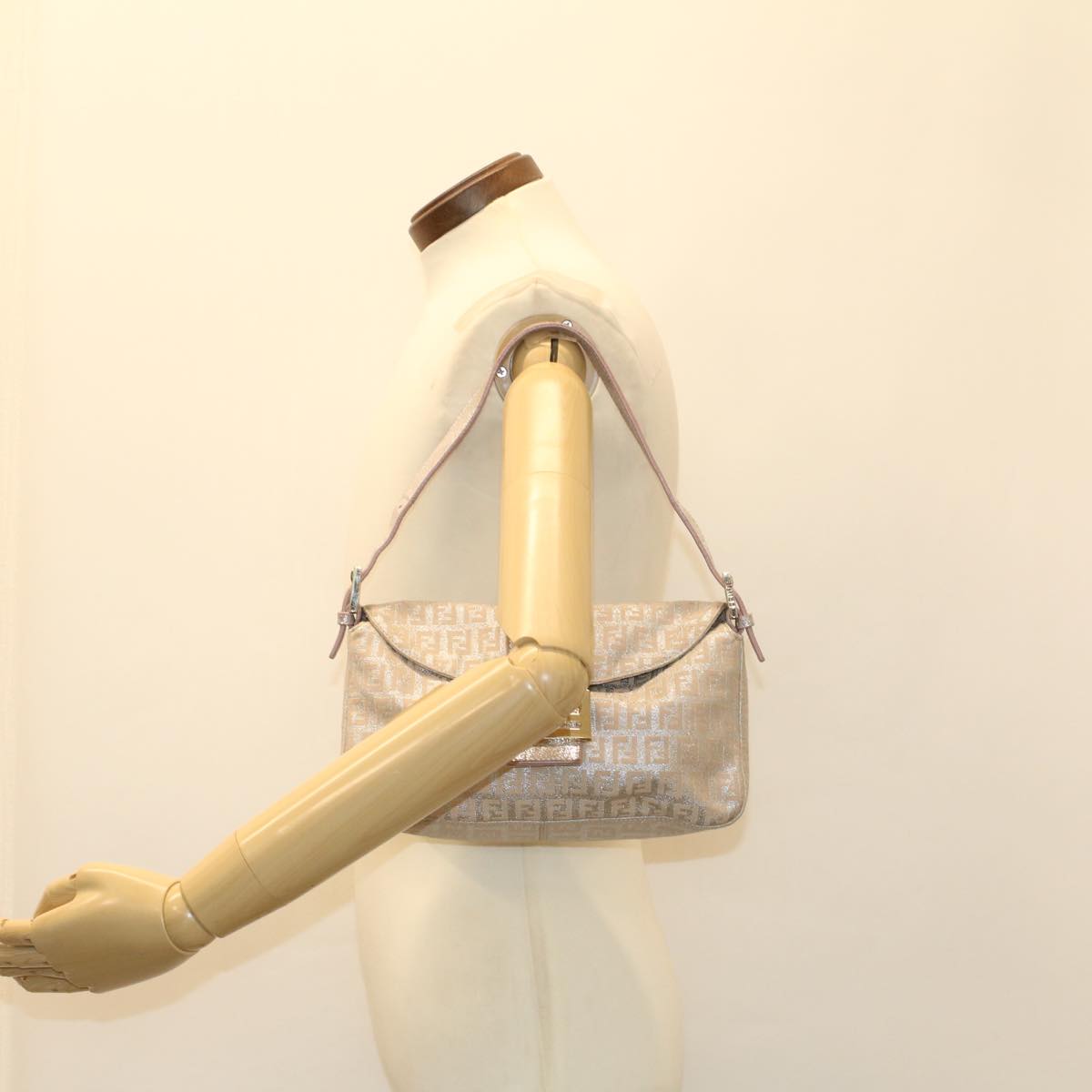 FENDI Zucchino Canvas Mamma Baguette Shoulder Bag Silver yk8171