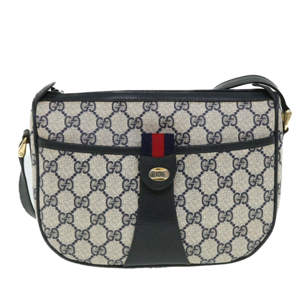 GUCCI GG Canvas Sherry Line Shoulder Bag Gray Red Navy 89.02.032 yk8362