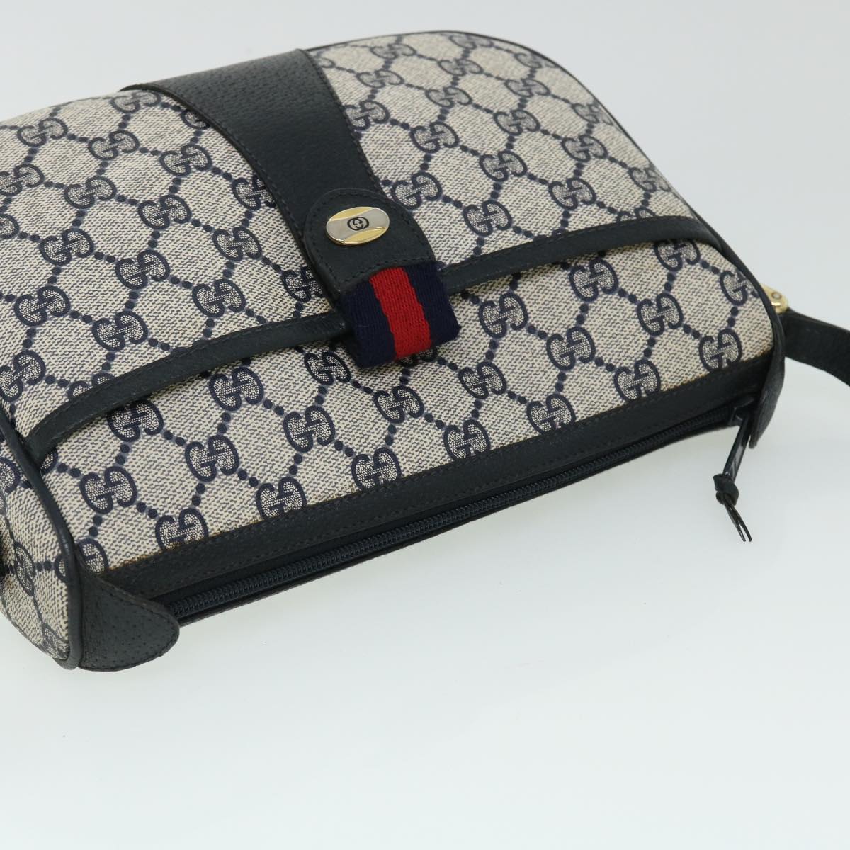 GUCCI GG Canvas Sherry Line Shoulder Bag Gray Red Navy 89.02.032 yk8362