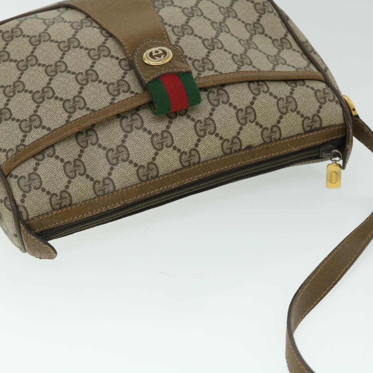 GUCCI GG Canvas Web Sherry Line Shoulder Bag PVC Leather Beige Green yk8413