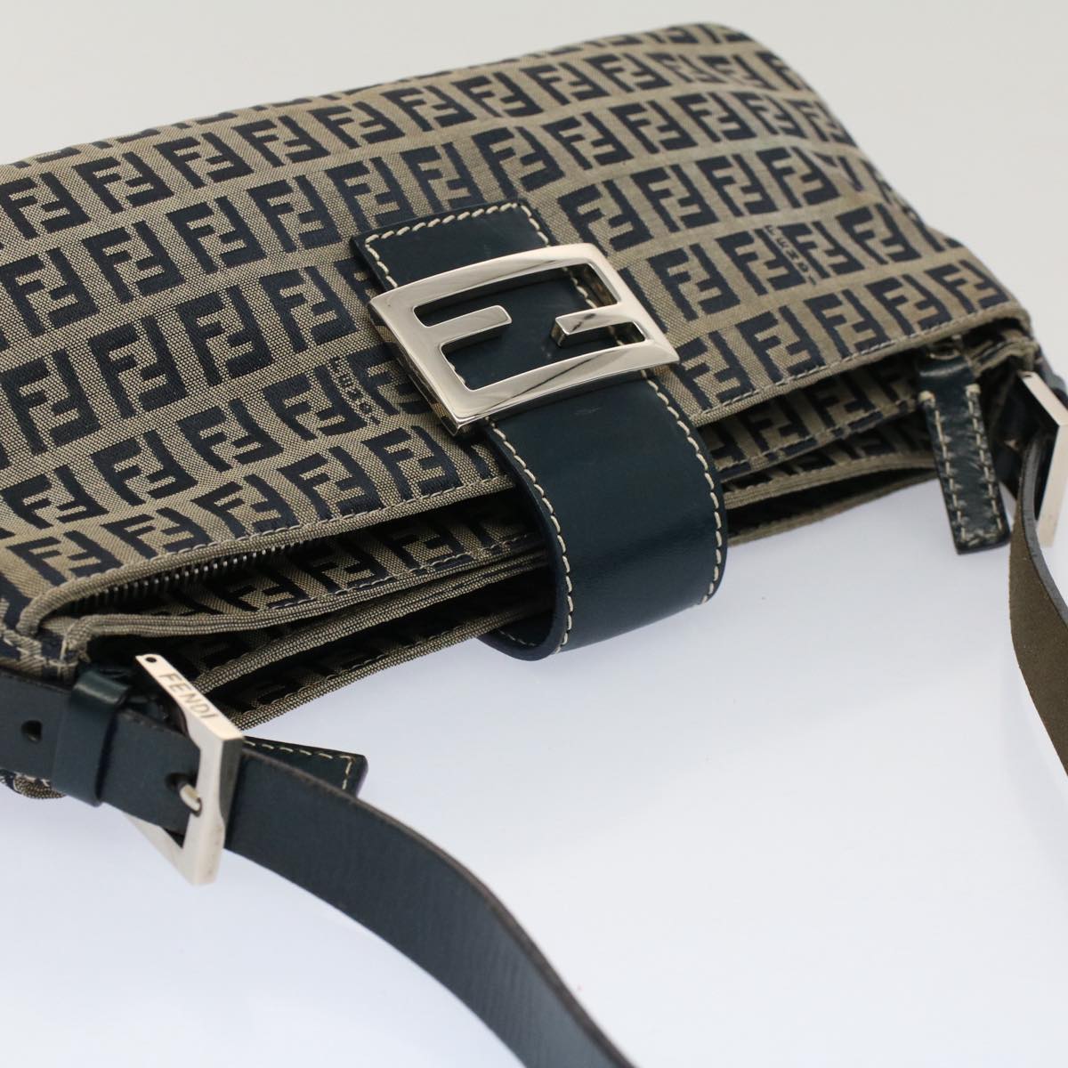 FENDI Zucchino Canvas Mamma Baguette Shoulder Bag Gray Navy yk8484