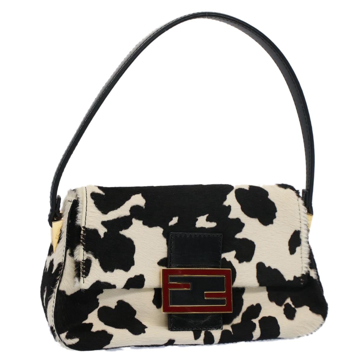 FENDI Cow Pattern Mini Mamma Baguette Bag Harako leather Black White yk8500