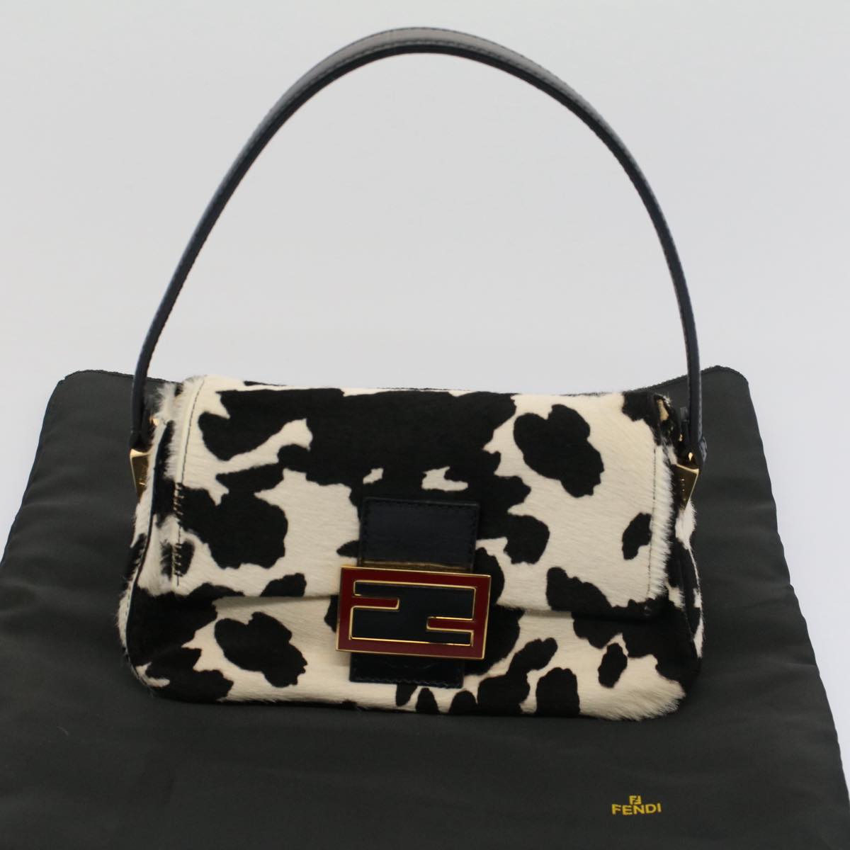 FENDI Cow Pattern Mini Mamma Baguette Bag Harako leather Black White yk8500