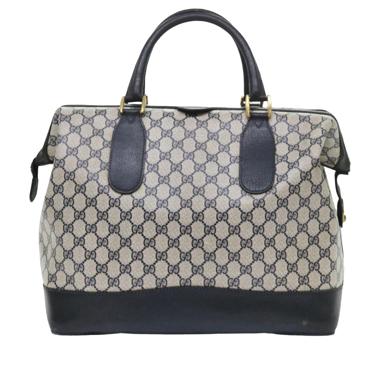 GUCCI GG Canvas Boston Bag PVC Leather Navy Gray yk8616