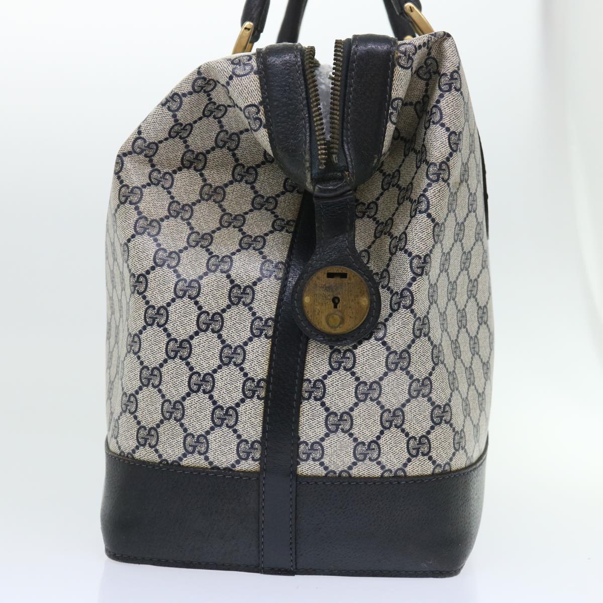 GUCCI GG Canvas Boston Bag PVC Leather Navy Gray yk8616