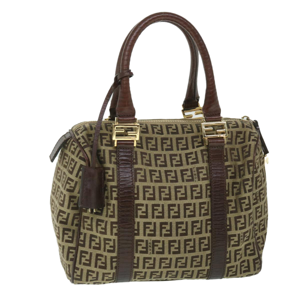 FENDI Zucchino Canvas Boston Bag Leather Beige yk8979