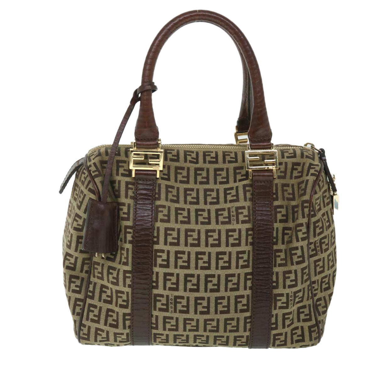 FENDI Zucchino Canvas Boston Bag Leather Beige yk8979