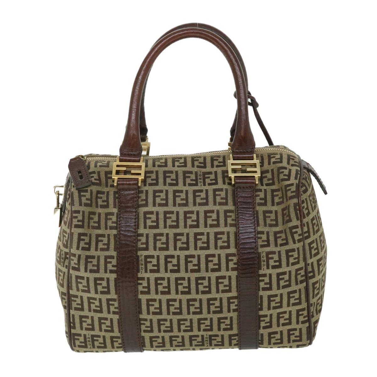 FENDI Zucchino Canvas Boston Bag Leather Beige yk8979