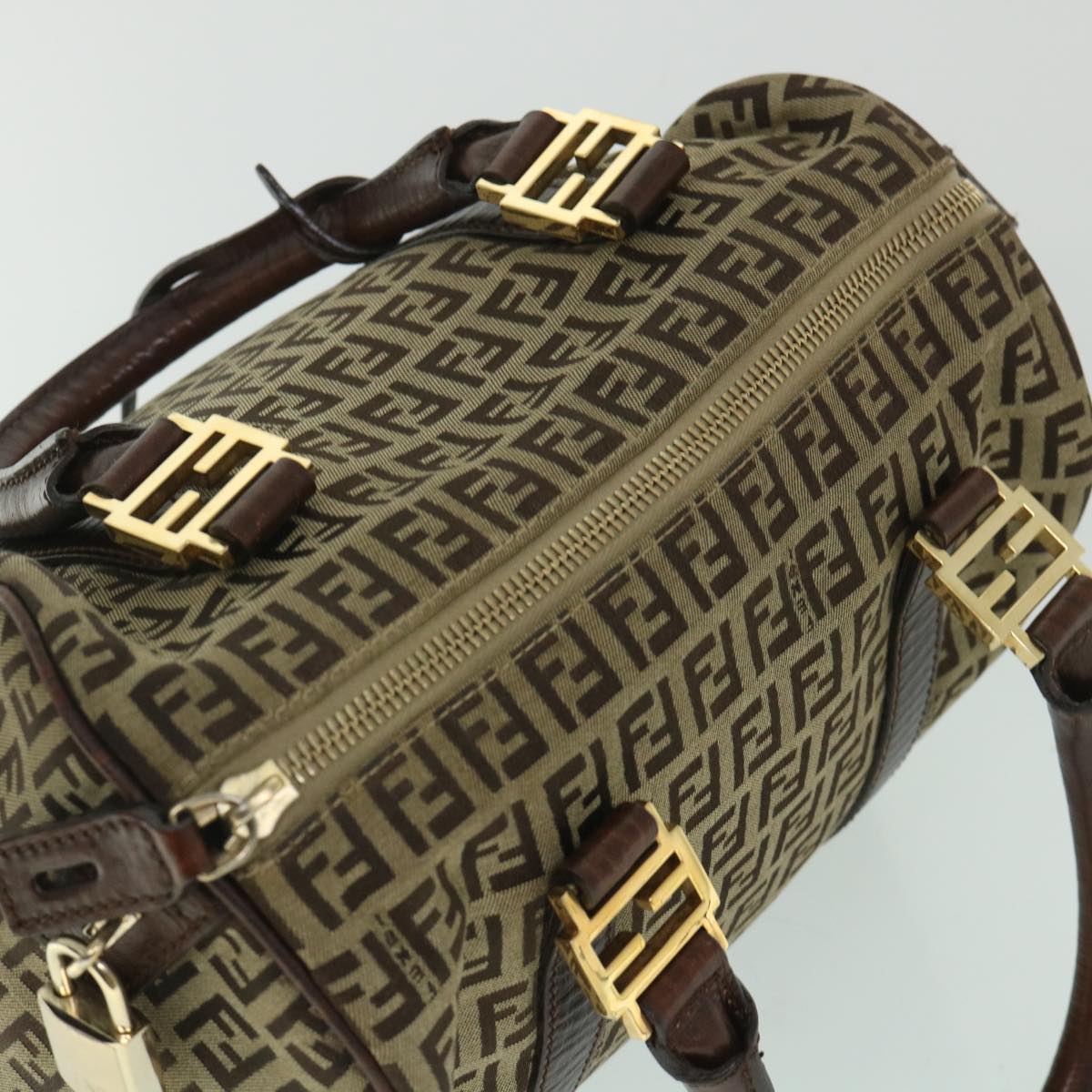 FENDI Zucchino Canvas Boston Bag Leather Beige yk8979