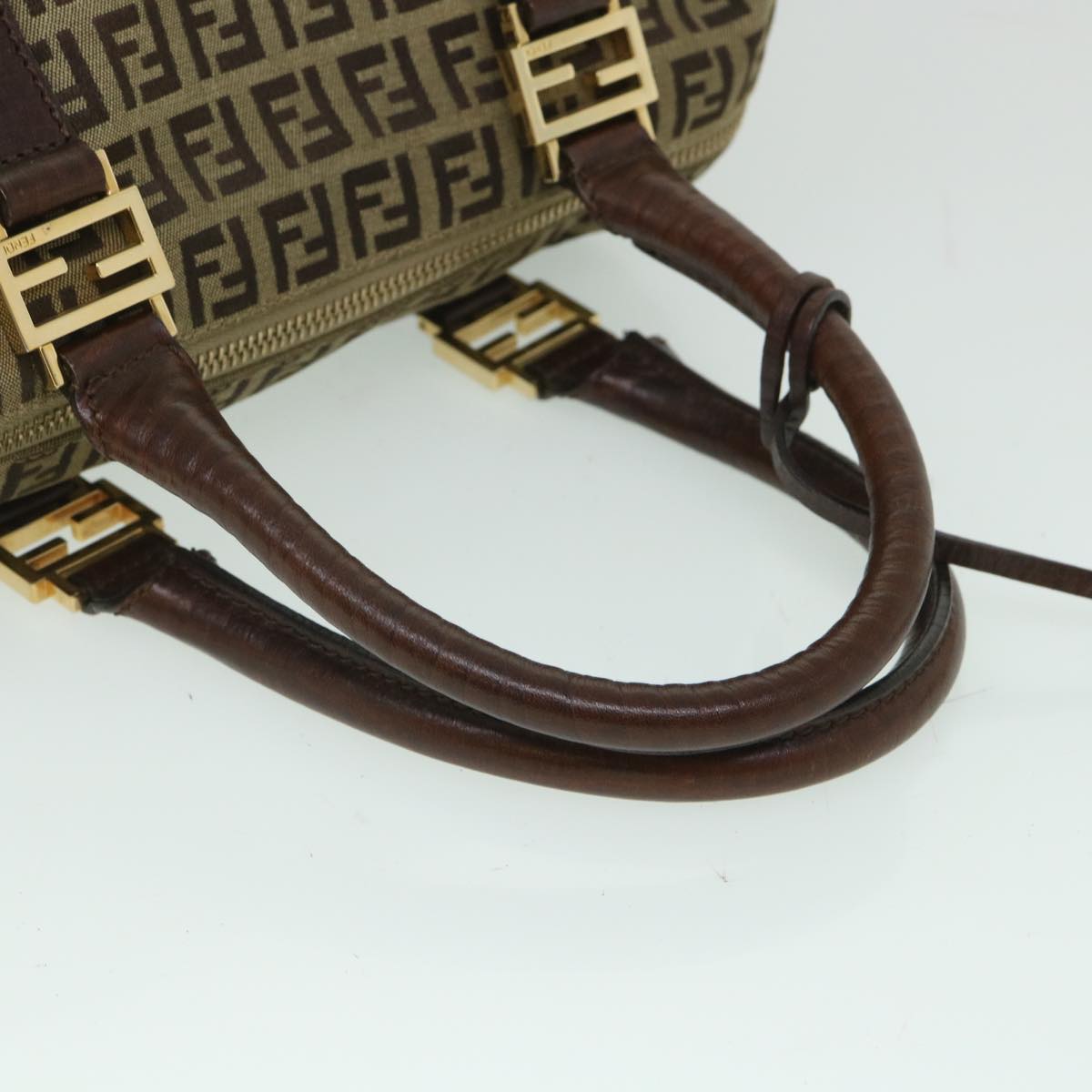 FENDI Zucchino Canvas Boston Bag Leather Beige yk8979