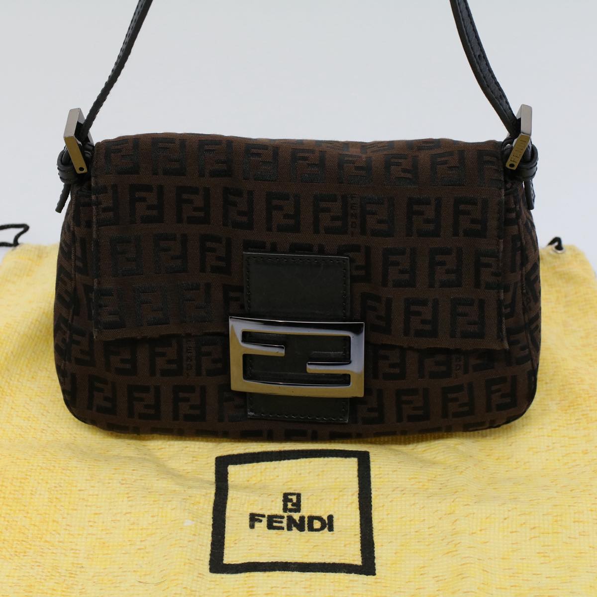 FENDI Zucchino Canvas Mini Mamma Baguette Shoulder Bag Brown yk9034