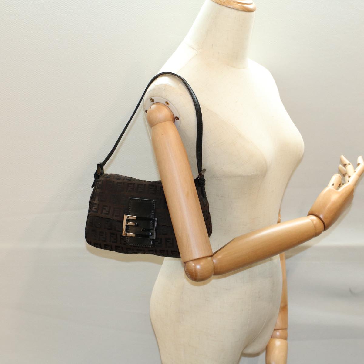 FENDI Zucchino Canvas Mini Mamma Baguette Shoulder Bag Brown yk9034