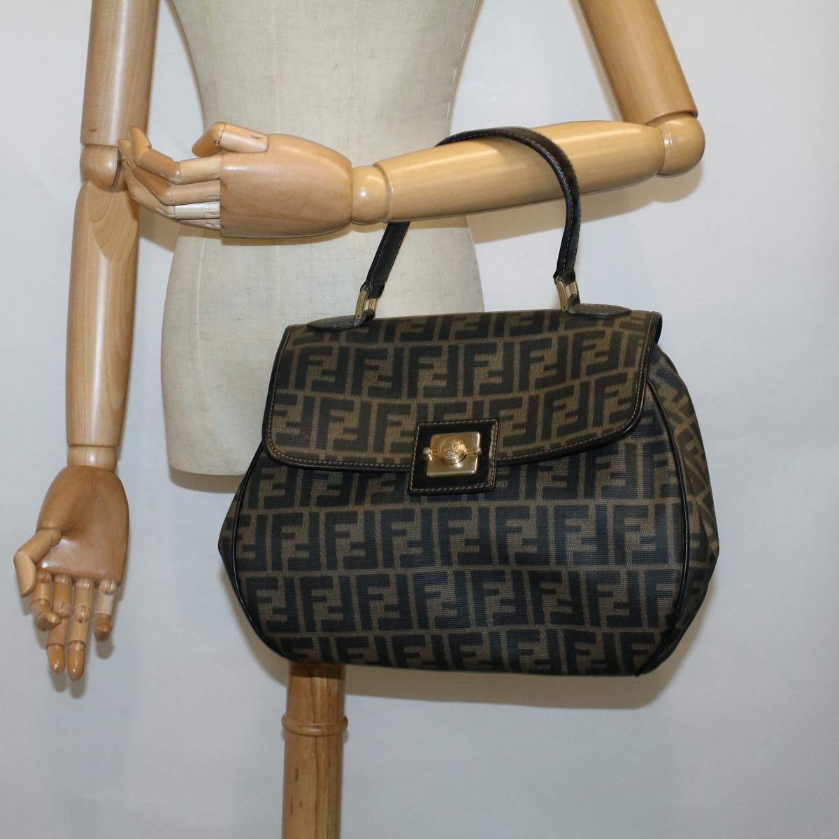 FENDI Zucca Canvas Shoulder Bag Coated Canvas Brown Black yk9059