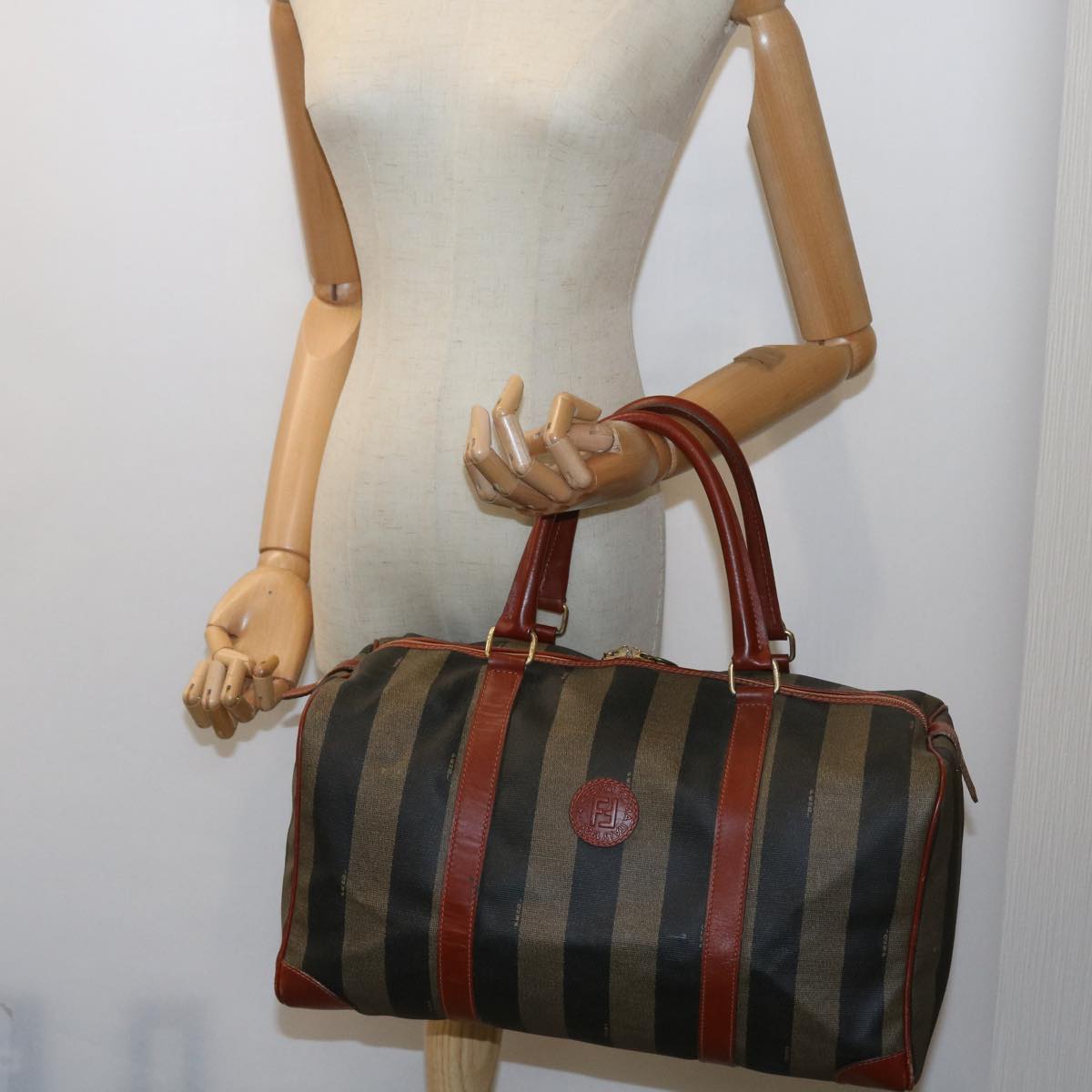 FENDI Pecan Canvas Boston Bag Black Brown yk9271