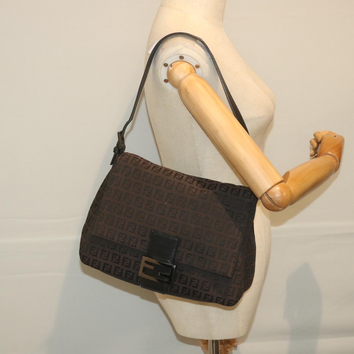 FENDI Zucchino Canvas Mamma Baguette Shoulder Bag Black yk9359