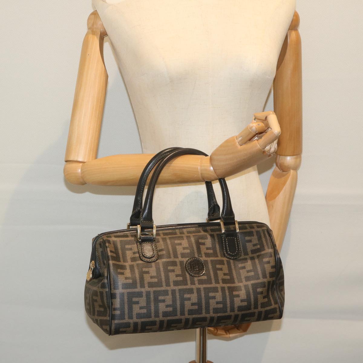 FENDI Zucca Canvas Boston Bag Black Brown yk9674