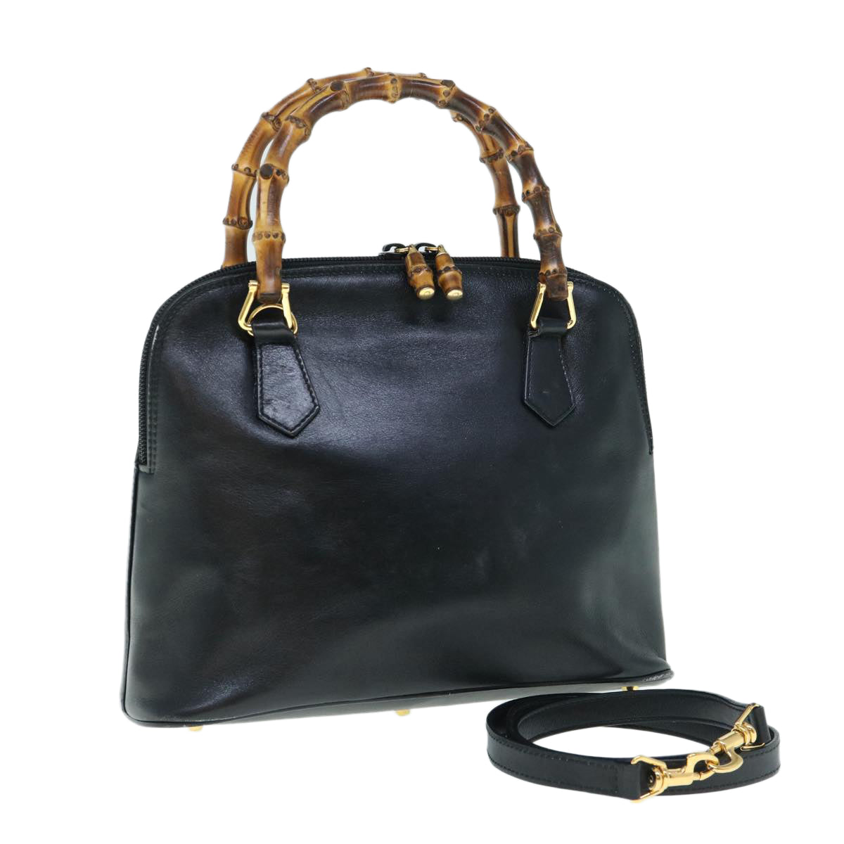 GUCCI Bamboo Hand Bag Leather 2way Black yk9845