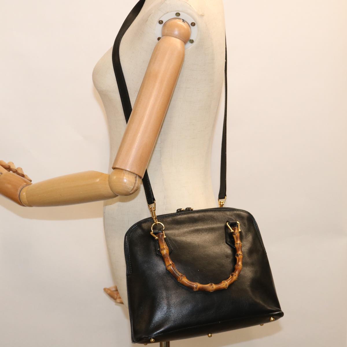 GUCCI Bamboo Hand Bag Leather 2way Black yk9845