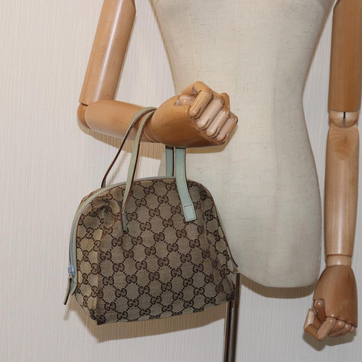 GUCCI GG Canvas Hand Bag Beige Light Blue 124542 yt1006